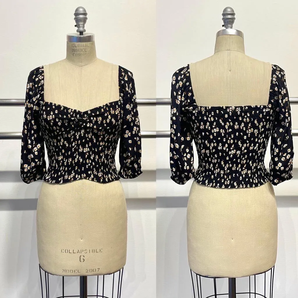 Night Daisies Floral Smocked 3/4 Cinched Sleeve Top