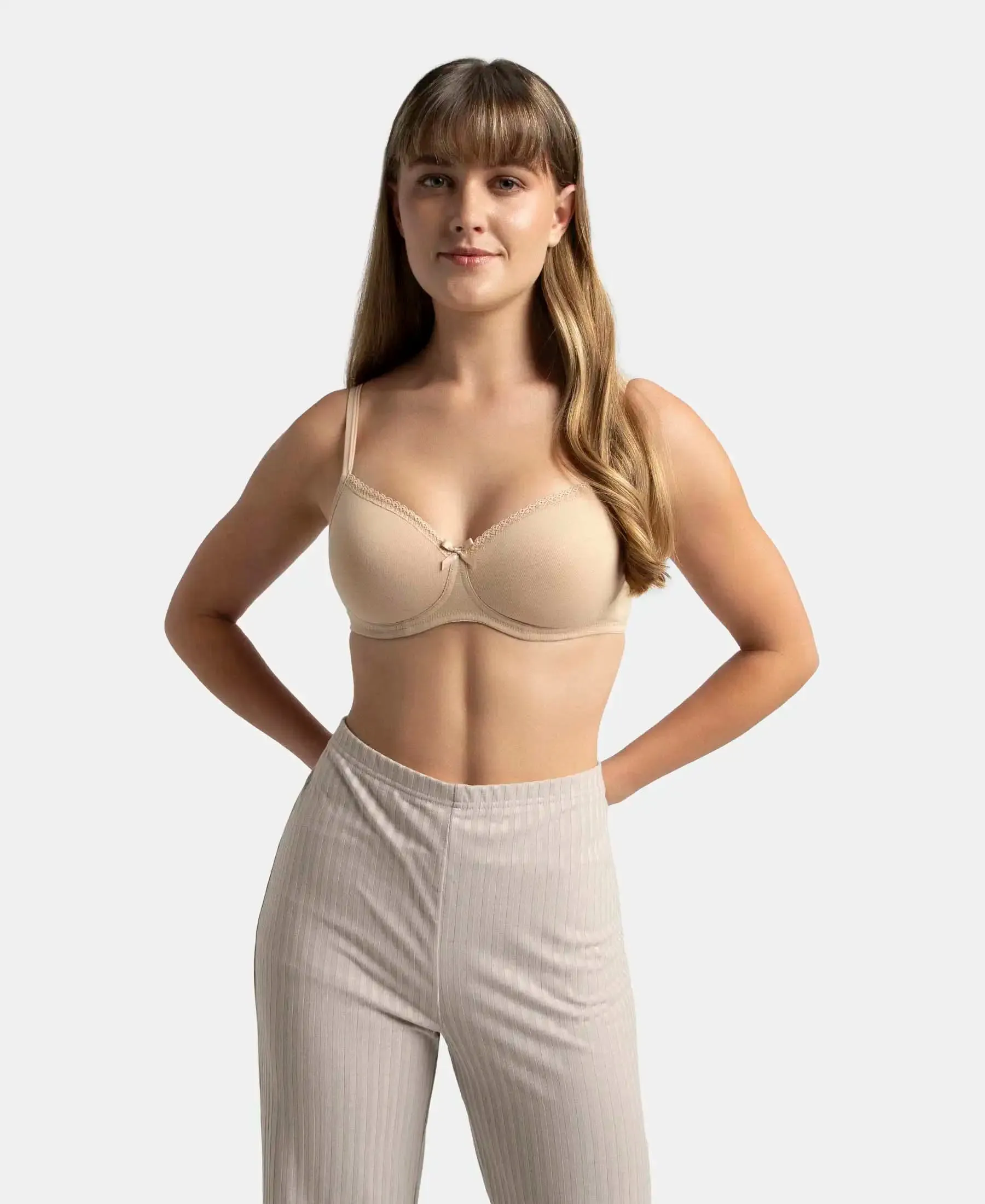 Pack of 2 Wirefree Padded Super Combed Cotton Elastane Stretch Medium Coverage T-Shirt Bra with Lace Styling - White & Light Skin