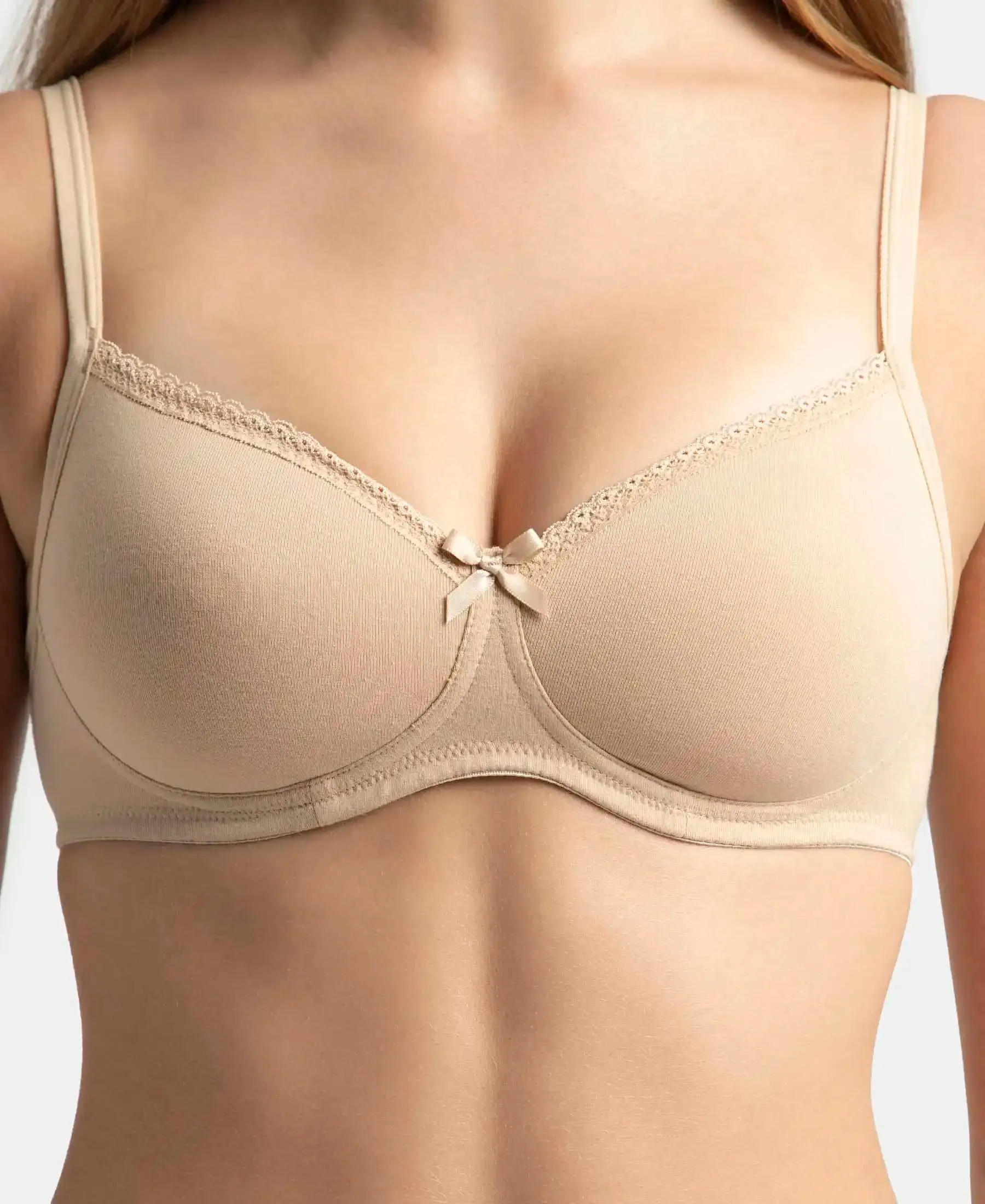 Pack of 2 Wirefree Padded Super Combed Cotton Elastane Stretch Medium Coverage T-Shirt Bra with Lace Styling - White & Light Skin