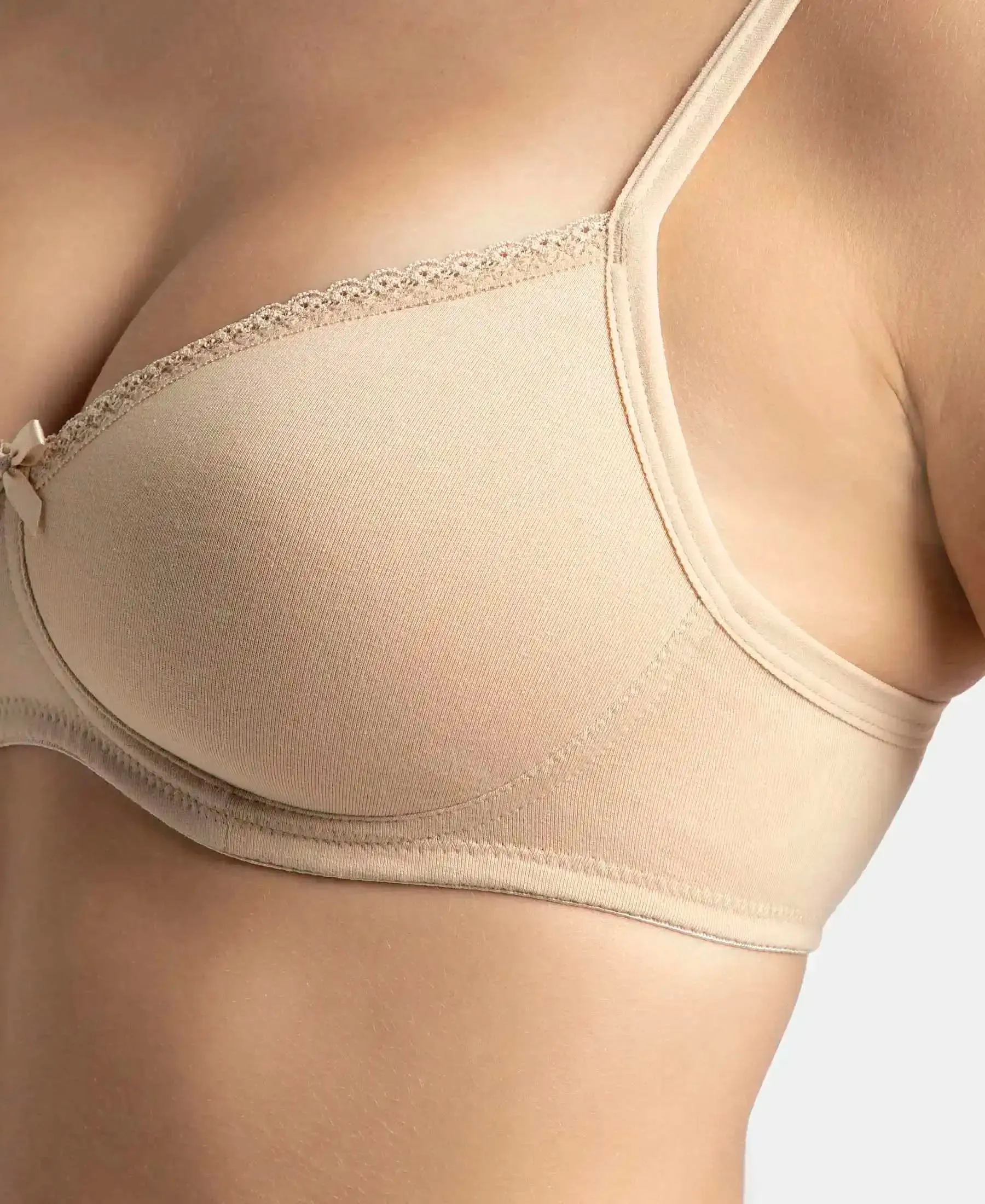 Pack of 2 Wirefree Padded Super Combed Cotton Elastane Stretch Medium Coverage T-Shirt Bra with Lace Styling - White & Light Skin
