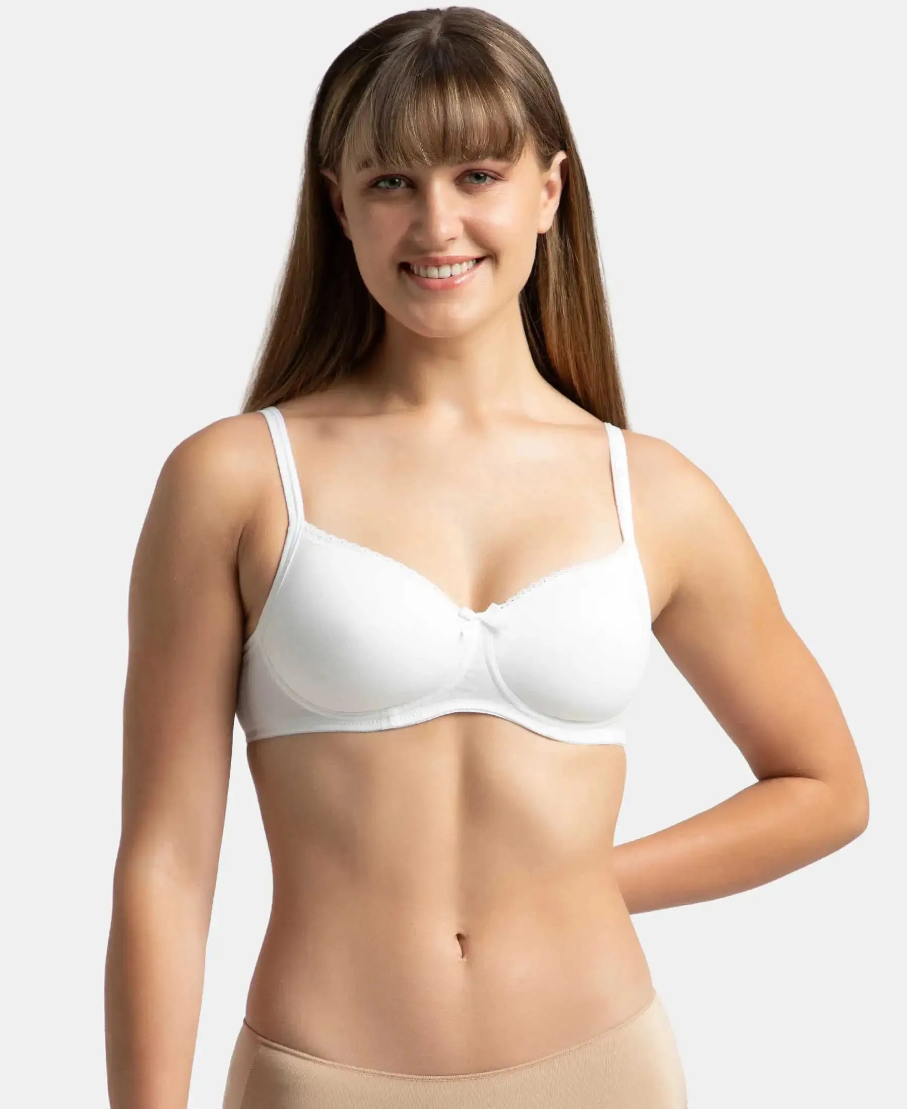 Pack of 2 Wirefree Padded Super Combed Cotton Elastane Stretch Medium Coverage T-Shirt Bra with Lace Styling - White & Light Skin