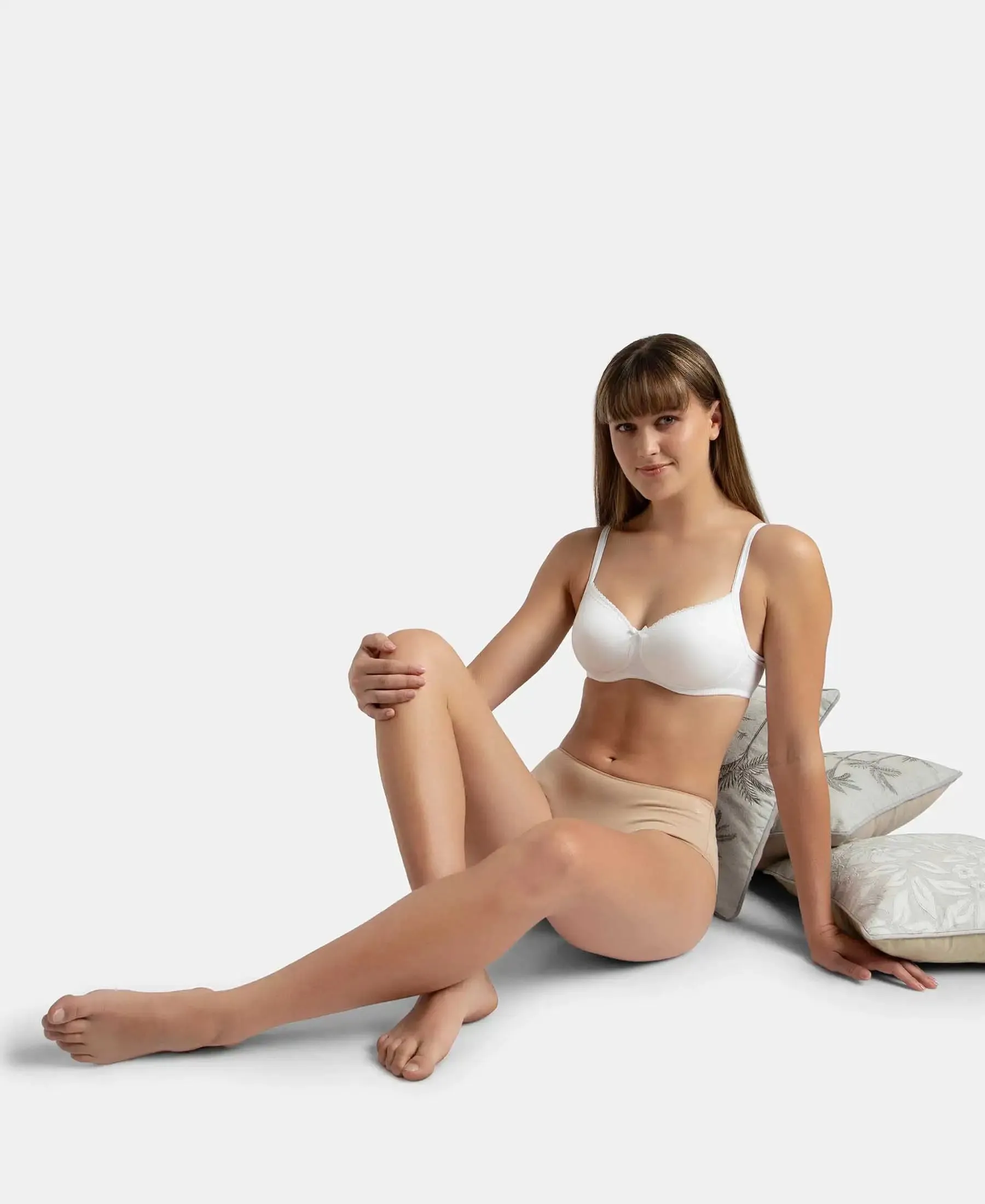 Pack of 2 Wirefree Padded Super Combed Cotton Elastane Stretch Medium Coverage T-Shirt Bra with Lace Styling - White & Light Skin