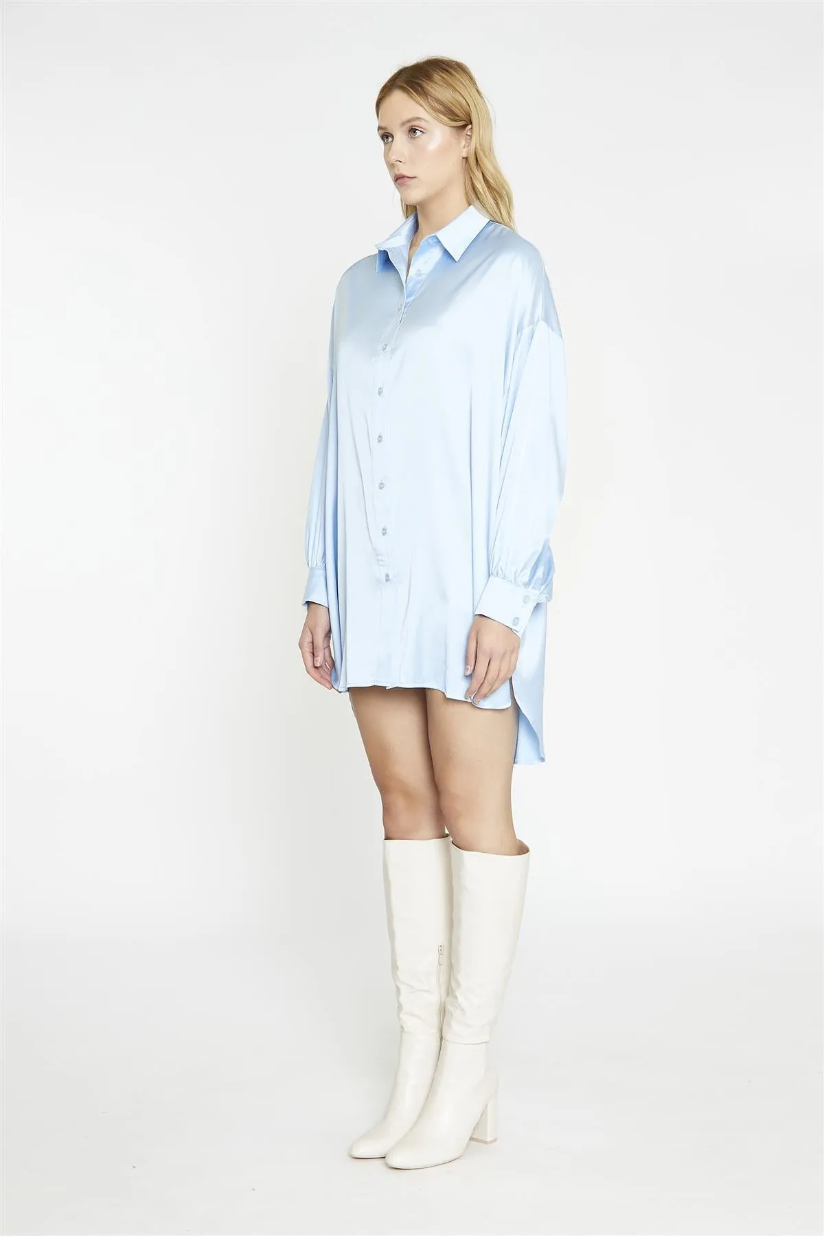 Pale-Blue Satin Shirt-Dress