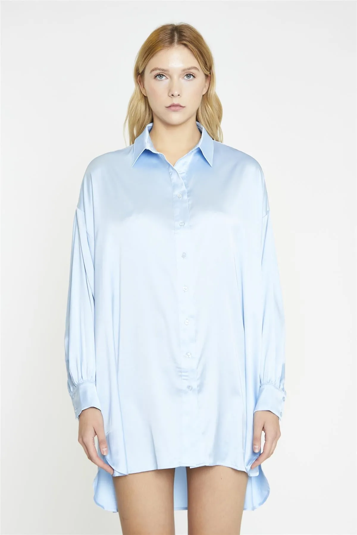 Pale-Blue Satin Shirt-Dress