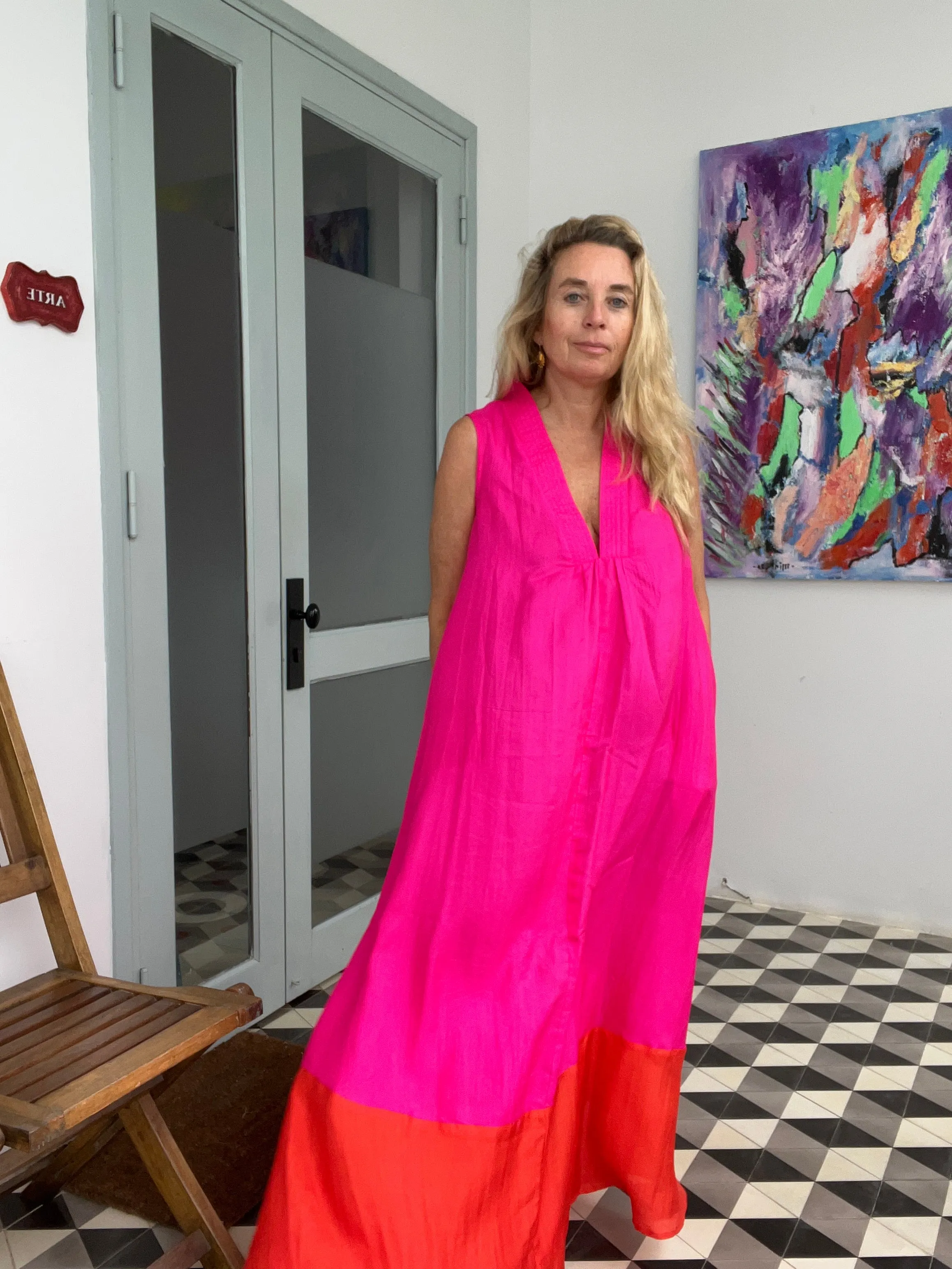 Pam  100 % organic Silk  dress orange pink