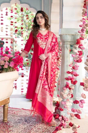 Pink Dori Embroidered Anarkali Kurta and Palazzo Set with Banarsi Jaquard Dupatta