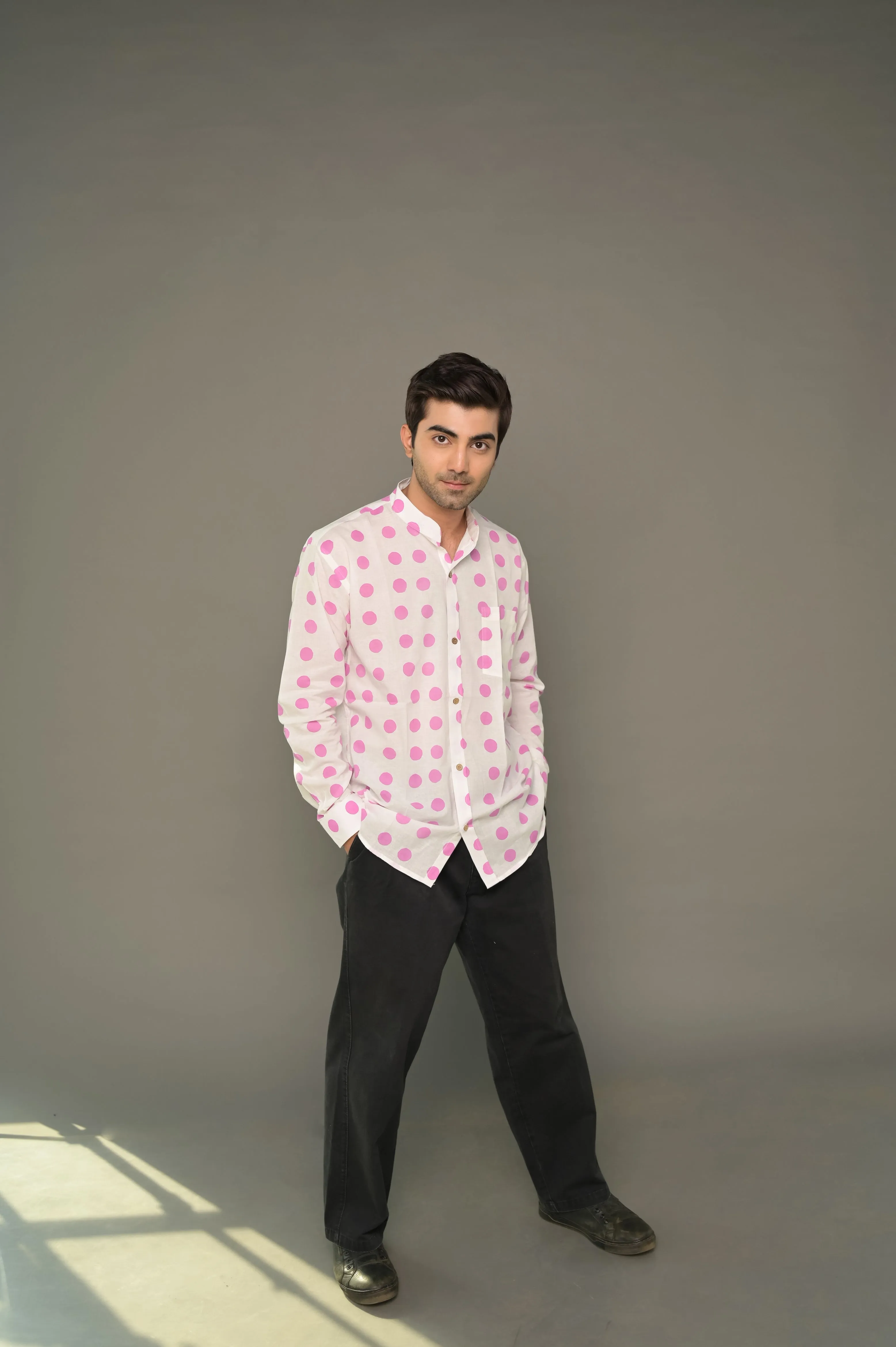 Pink Polka Dot Mandarin Collared Cotton Shirt