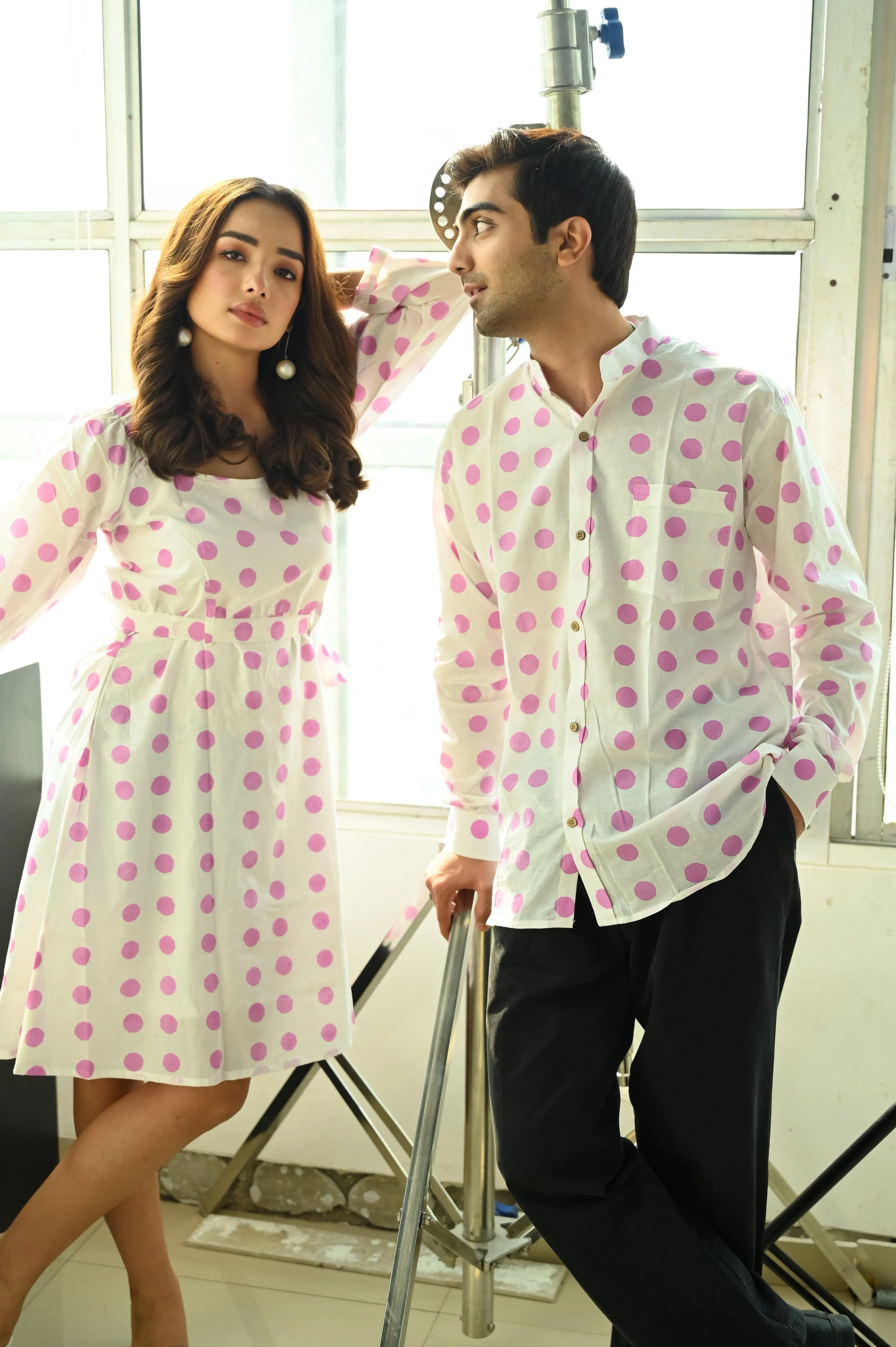Pink Polka Dot Mandarin Collared Cotton Shirt