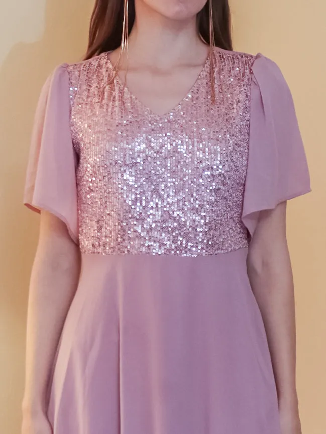 Pink Sequinned Flared Maxi Dress