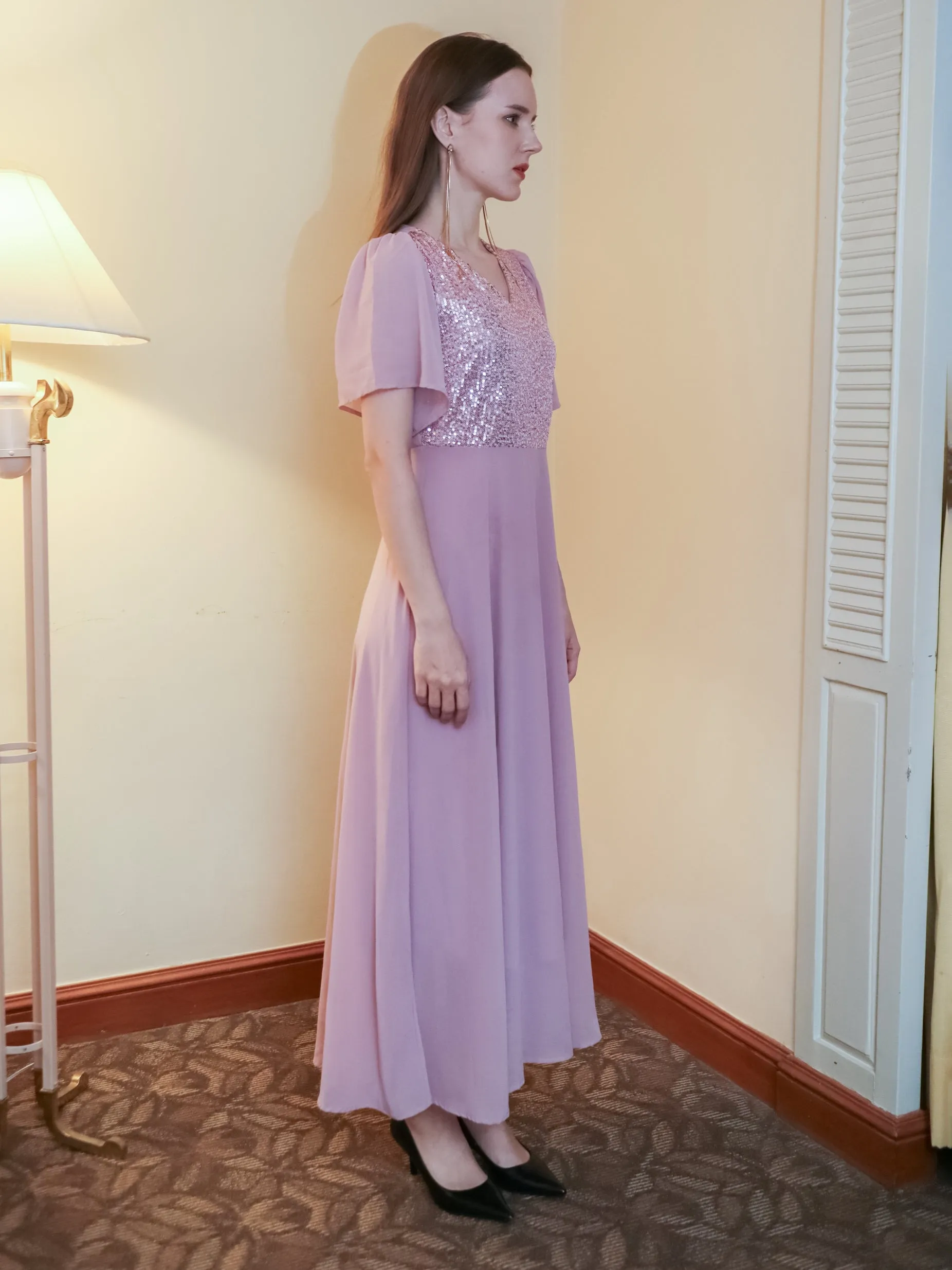 Pink Sequinned Flared Maxi Dress