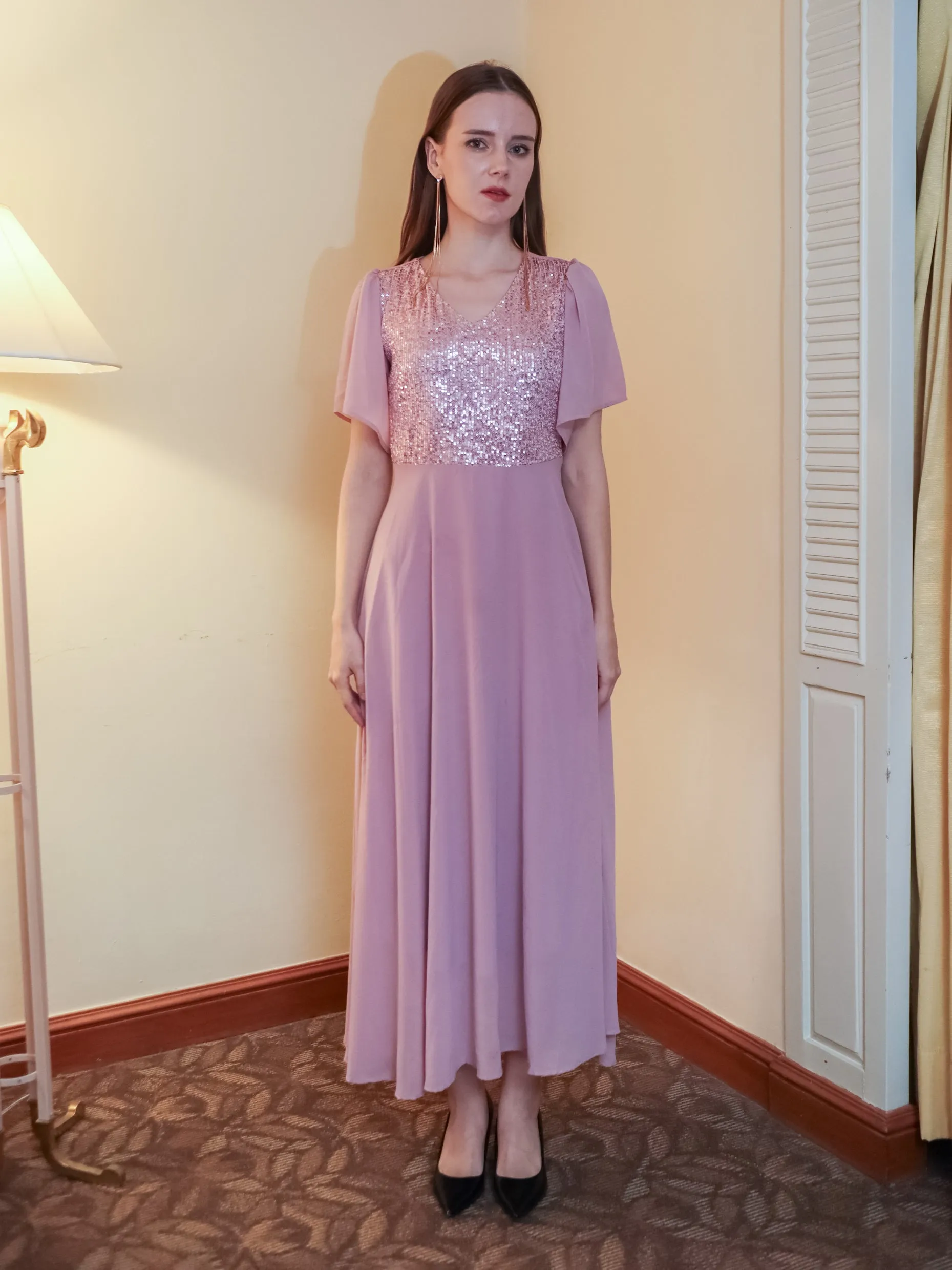 Pink Sequinned Flared Maxi Dress