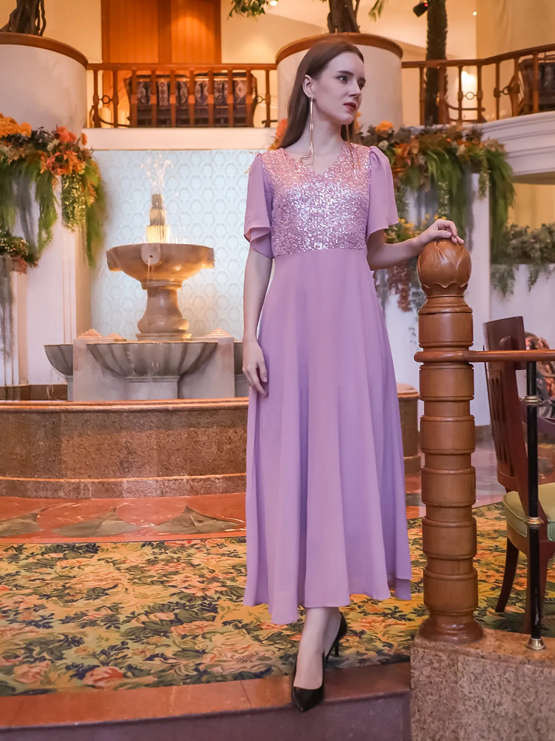 Pink Sequinned Flared Maxi Dress