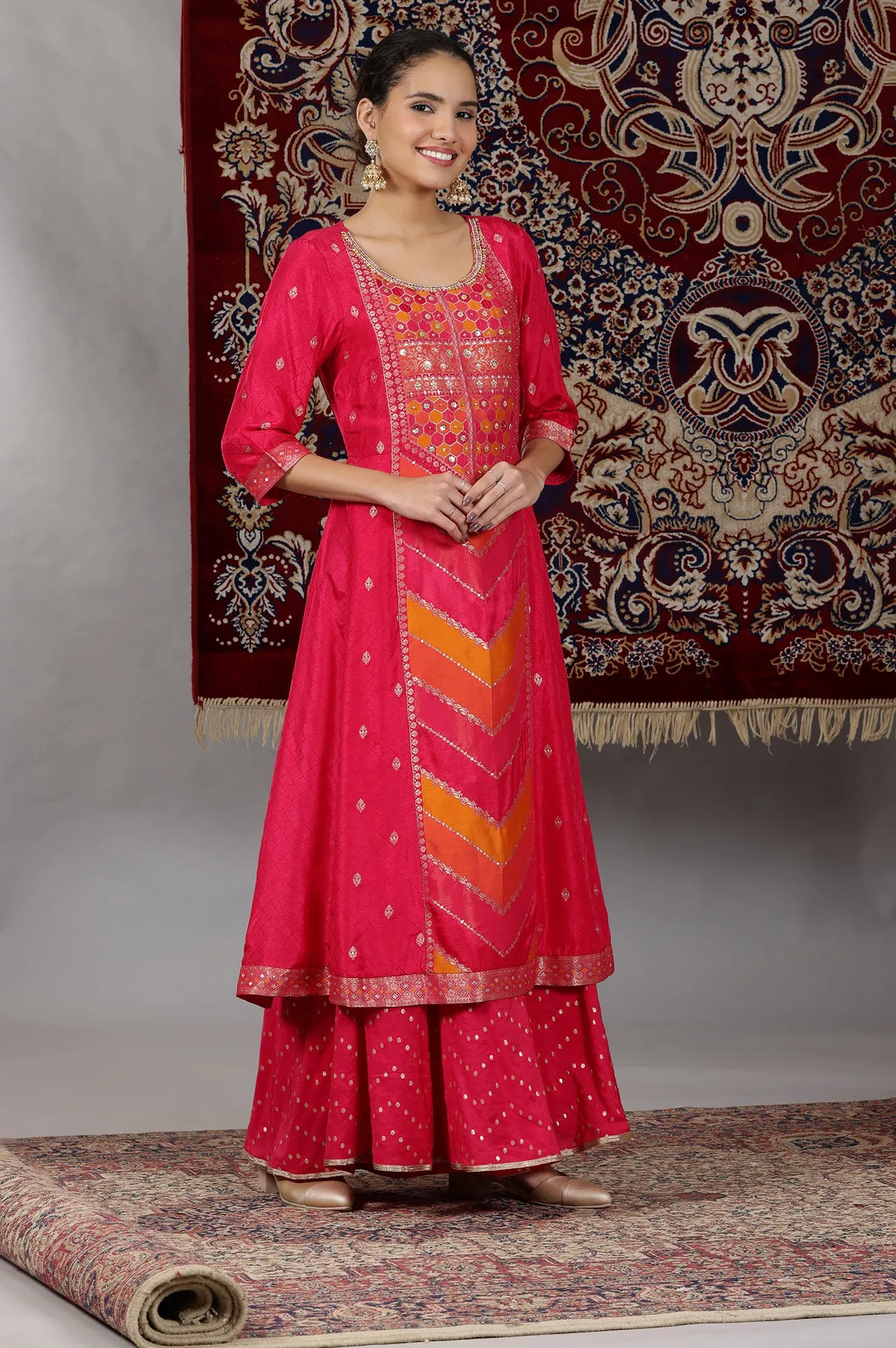 Pink Yarn Dyed Zari Embroidered Anarkali Kurta, Flared Palazzo and Dupatta Set