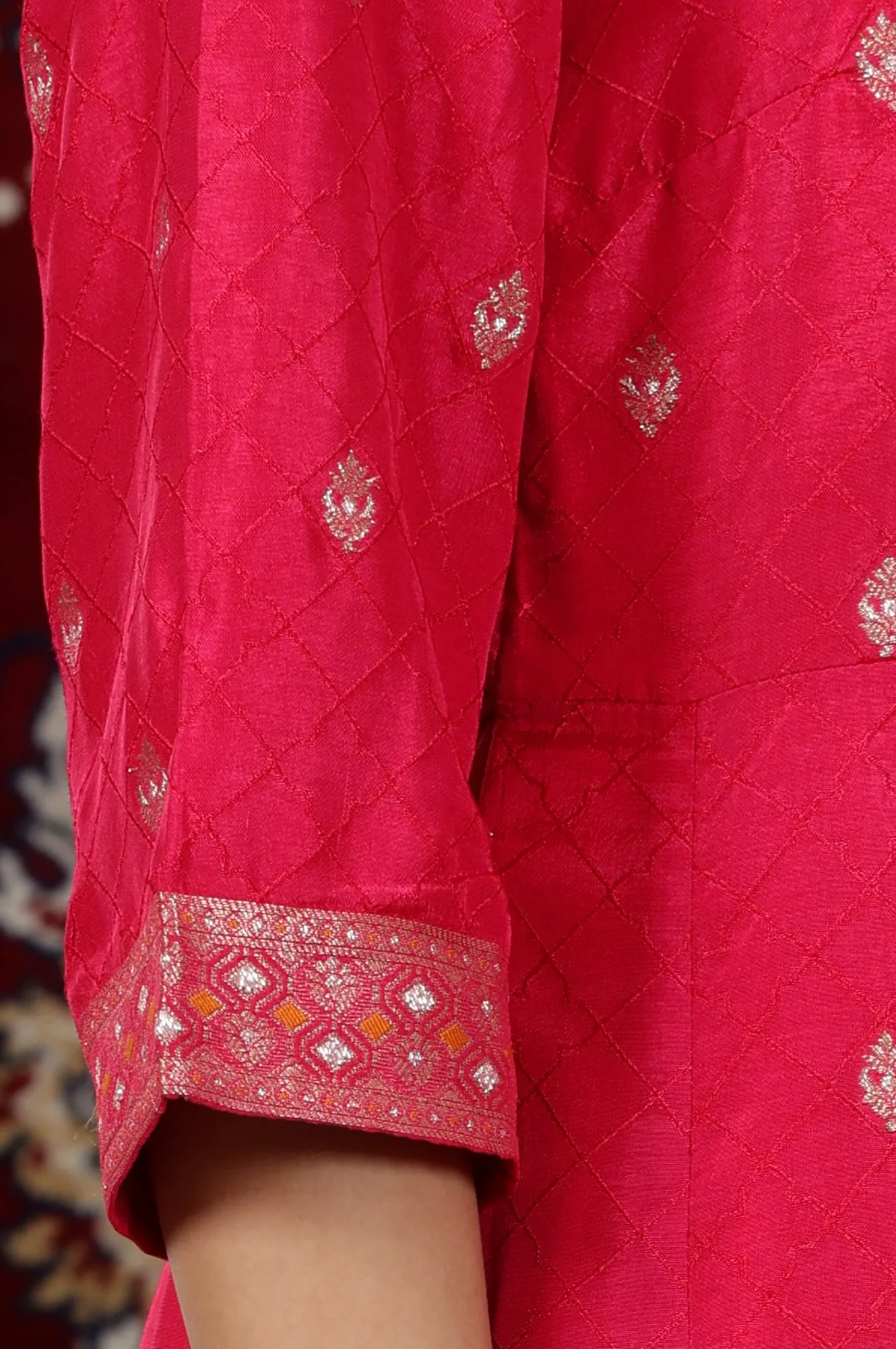 Pink Yarn Dyed Zari Embroidered Anarkali Kurta, Flared Palazzo and Dupatta Set