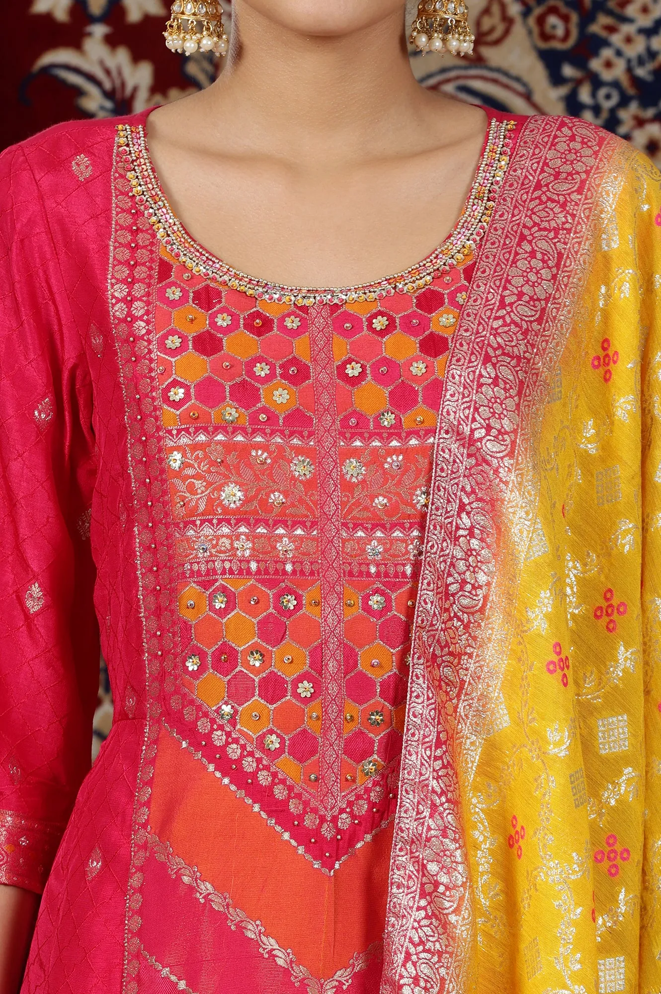 Pink Yarn Dyed Zari Embroidered Anarkali Kurta, Flared Palazzo and Dupatta Set