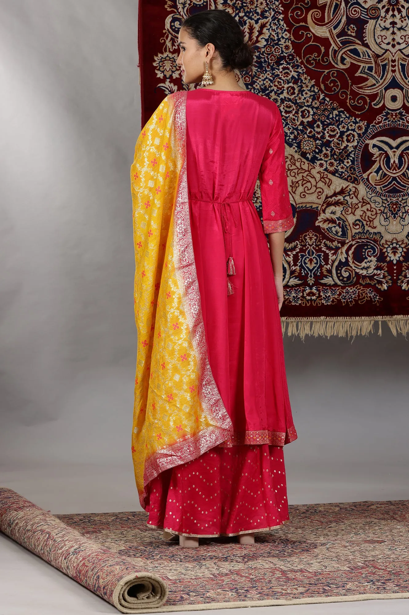Pink Yarn Dyed Zari Embroidered Anarkali Kurta, Flared Palazzo and Dupatta Set