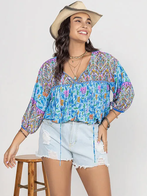 Plus Size Printed Tie Neck Balloon Sleeve Blouse (2 Colors)