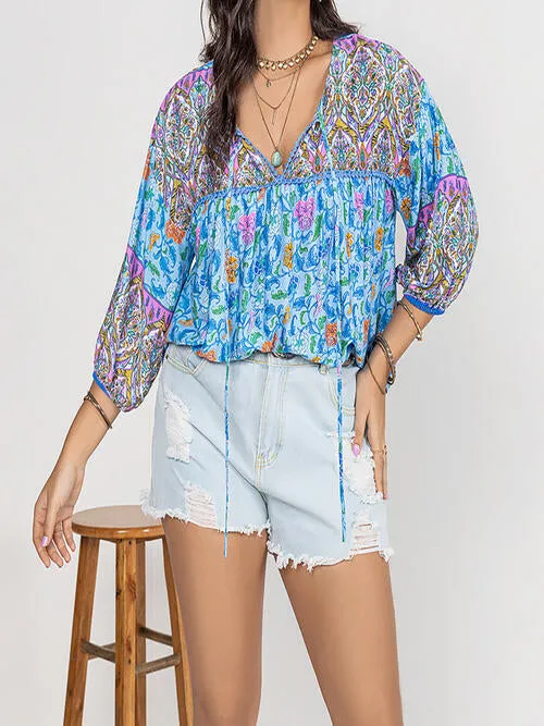 Plus Size Printed Tie Neck Balloon Sleeve Blouse (2 Colors)