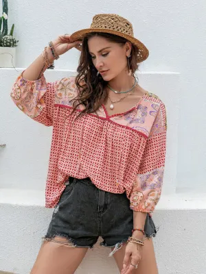 Plus Size Printed Tie Neck Balloon Sleeve Blouse (2 Colors)