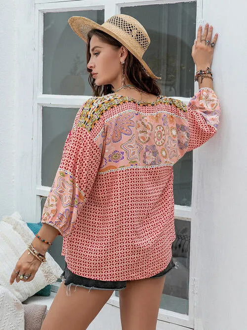 Plus Size Printed Tie Neck Balloon Sleeve Blouse (2 Colors)