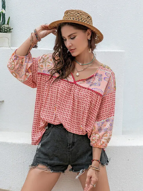 Plus Size Printed Tie Neck Balloon Sleeve Blouse (2 Colors)