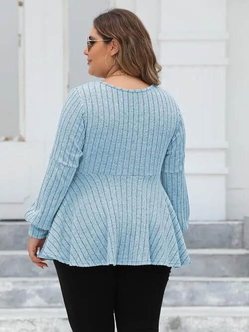 Plus Size Ribbed V-Neck Long Sleeve Blouse (4 Colors)