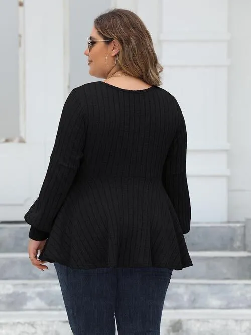 Plus Size Ribbed V-Neck Long Sleeve Blouse (4 Colors)