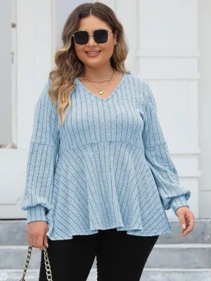 Plus Size Ribbed V-Neck Long Sleeve Blouse (4 Colors)