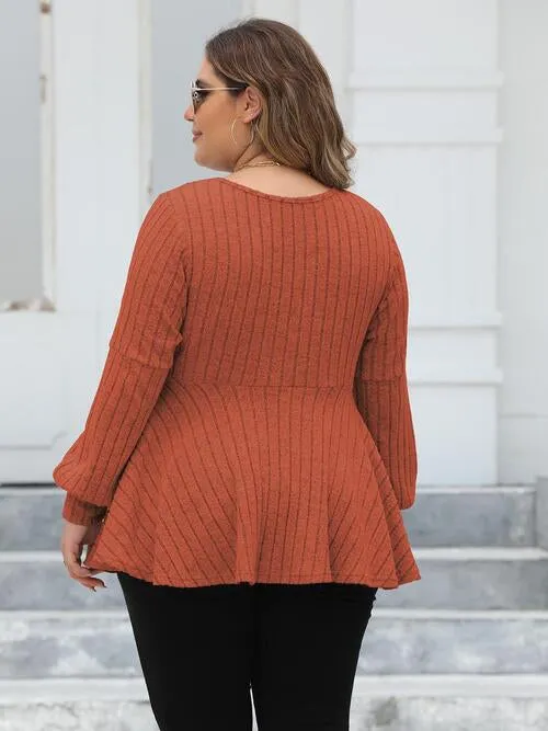 Plus Size Ribbed V-Neck Long Sleeve Blouse (4 Colors)