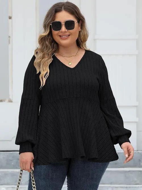 Plus Size Ribbed V-Neck Long Sleeve Blouse (4 Colors)