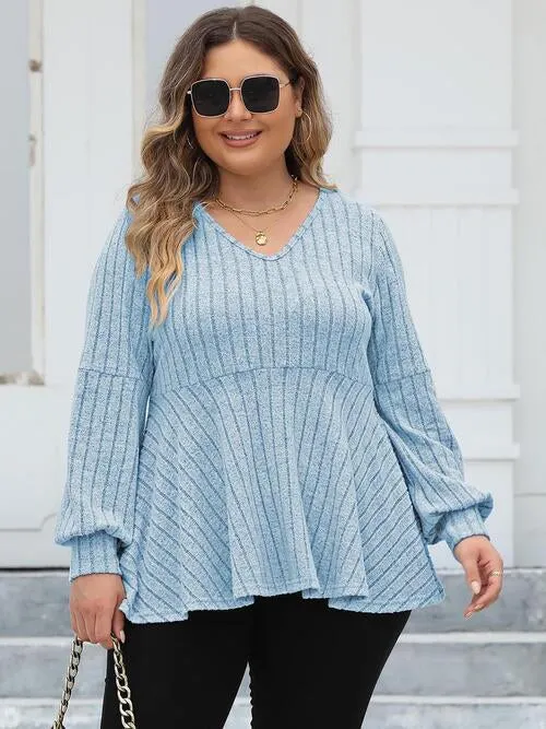 Plus Size Ribbed V-Neck Long Sleeve Blouse (4 Colors)