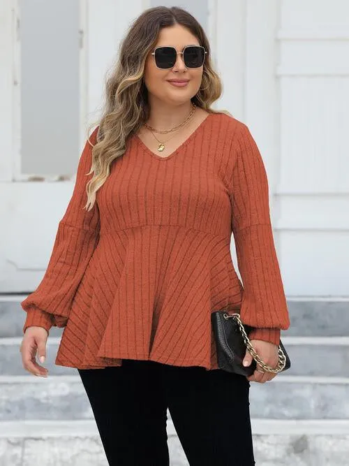 Plus Size Ribbed V-Neck Long Sleeve Blouse (4 Colors)