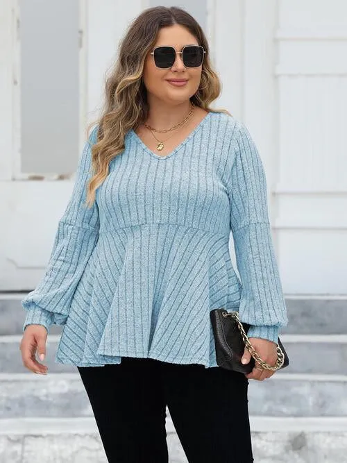 Plus Size Ribbed V-Neck Long Sleeve Blouse (4 Colors)
