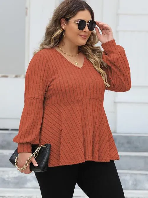 Plus Size Ribbed V-Neck Long Sleeve Blouse (4 Colors)