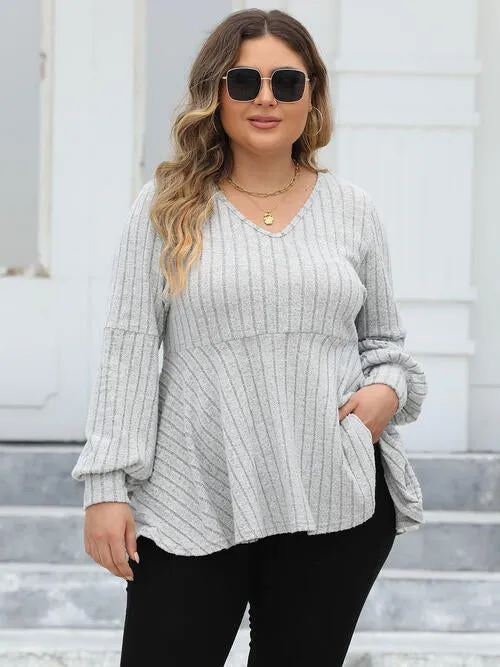 Plus Size Ribbed V-Neck Long Sleeve Blouse (4 Colors)
