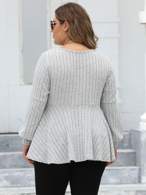 Plus Size Ribbed V-Neck Long Sleeve Blouse (4 Colors)