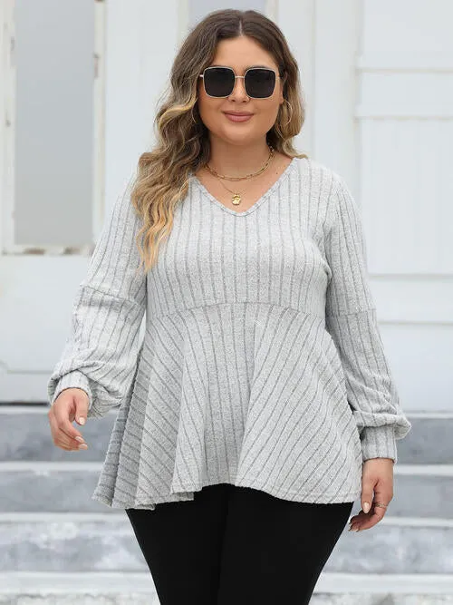 Plus Size Ribbed V-Neck Long Sleeve Blouse (4 Colors)