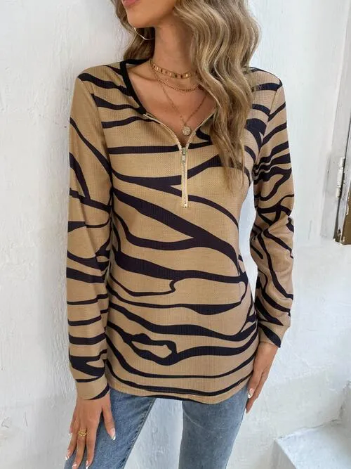Printed Half Zip Long Sleeve Top (3 Colors)