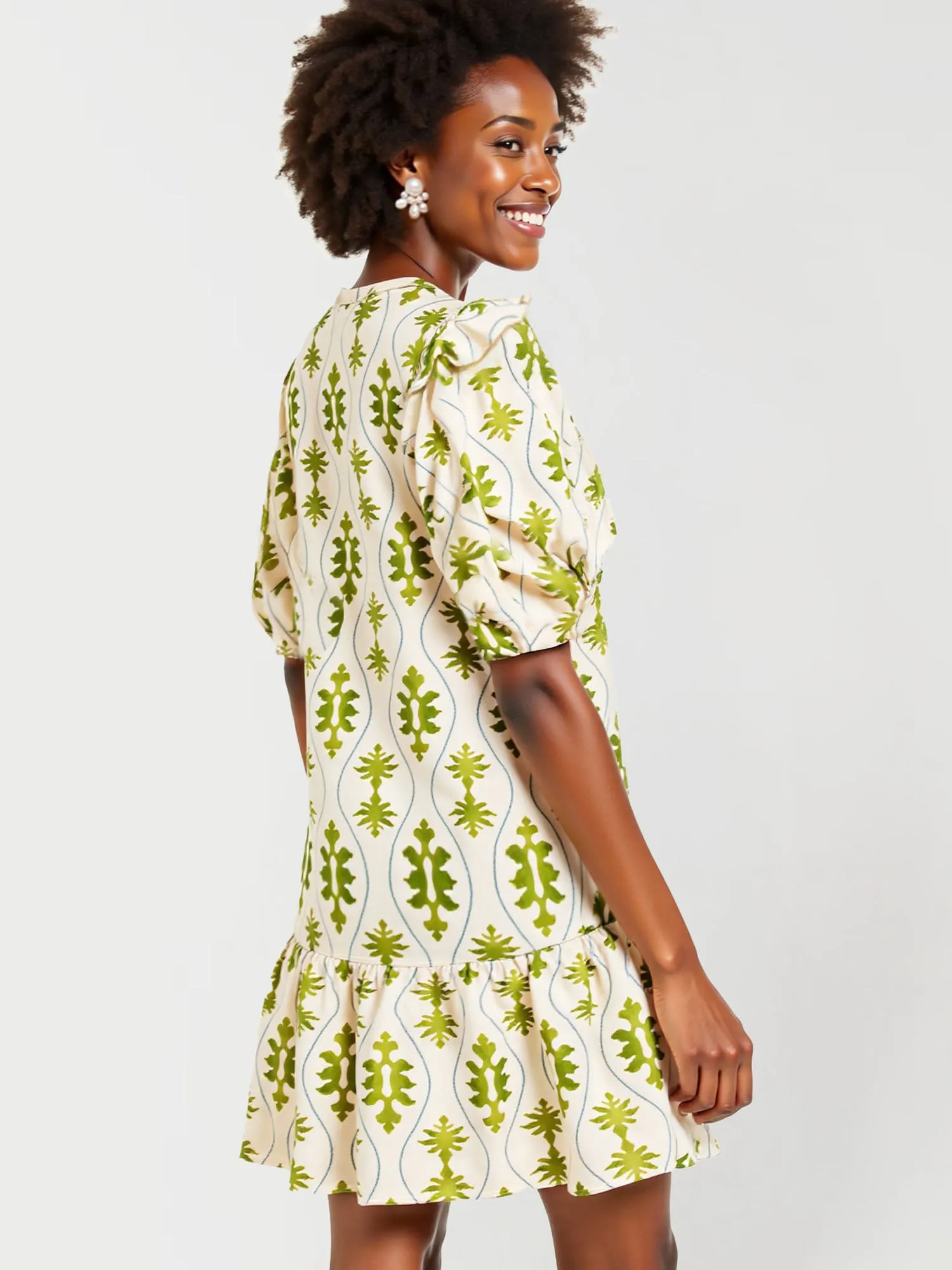 Puff Sleeve Foliage Print Mini Shift Sun Dress