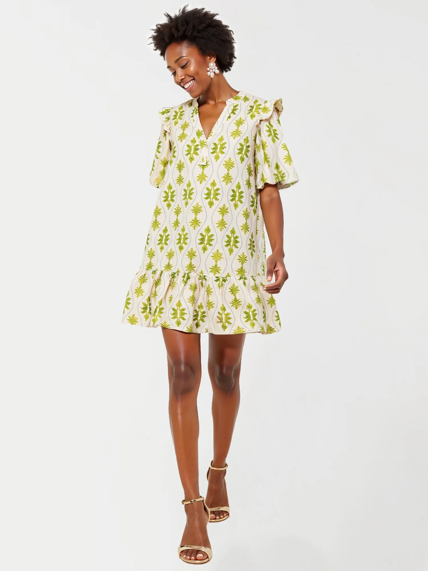 Puff Sleeve Foliage Print Mini Shift Sun Dress