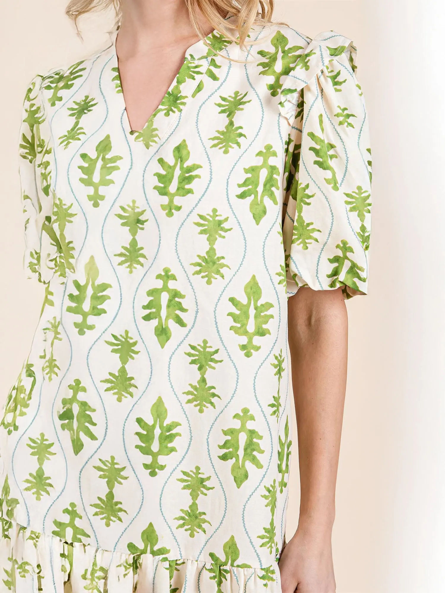 Puff Sleeve Foliage Print Mini Shift Sun Dress
