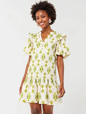 Puff Sleeve Foliage Print Mini Shift Sun Dress