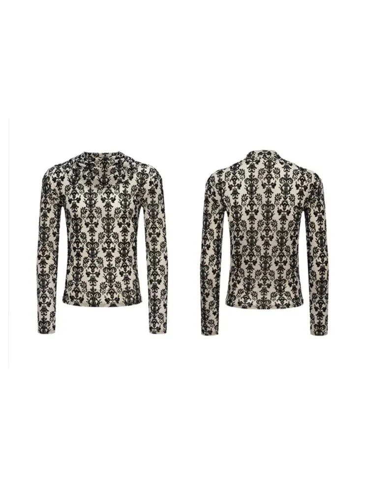 Punk Court Flocking Print Stretch Slim Bottom Sweater【s0000006681】
