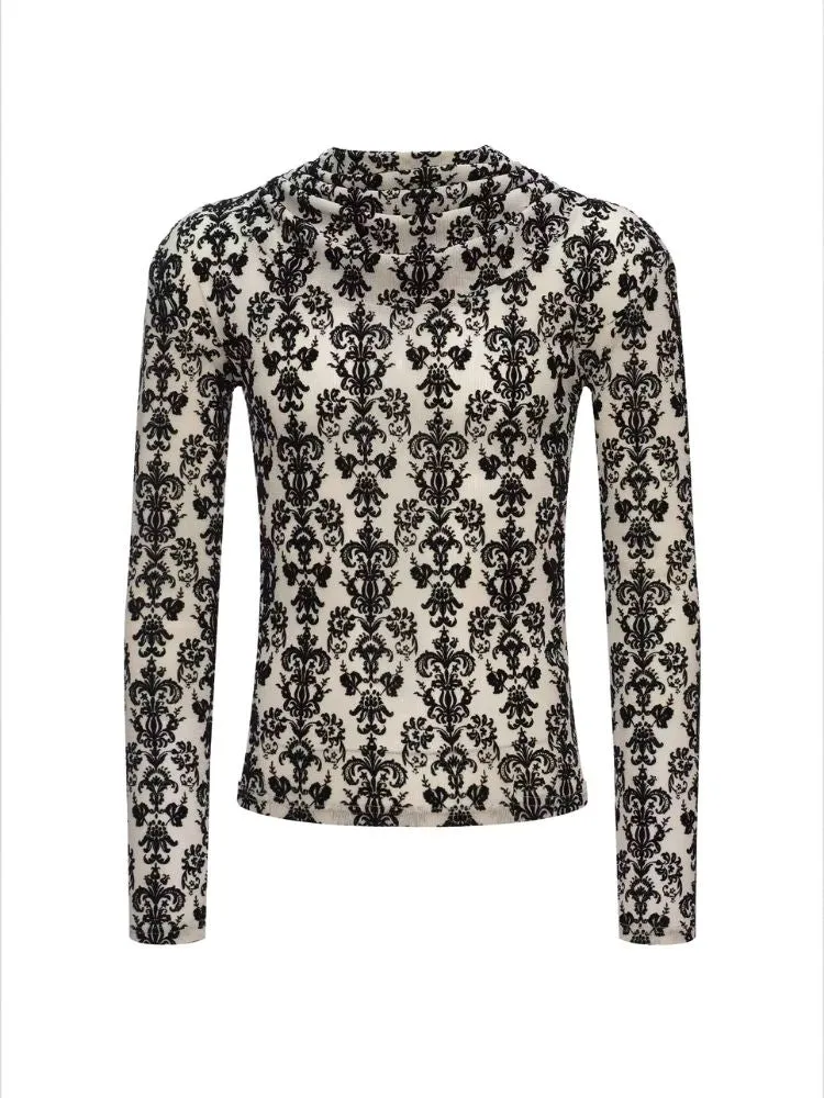Punk Court Flocking Print Stretch Slim Bottom Sweater【s0000006681】