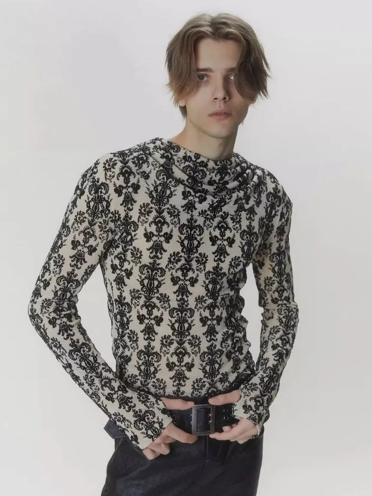 Punk Court Flocking Print Stretch Slim Bottom Sweater【s0000006681】