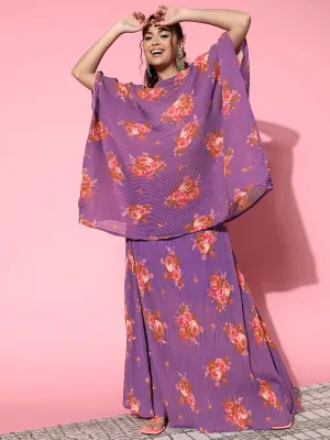 Purple Floral Print Pleated Kaftan Top
