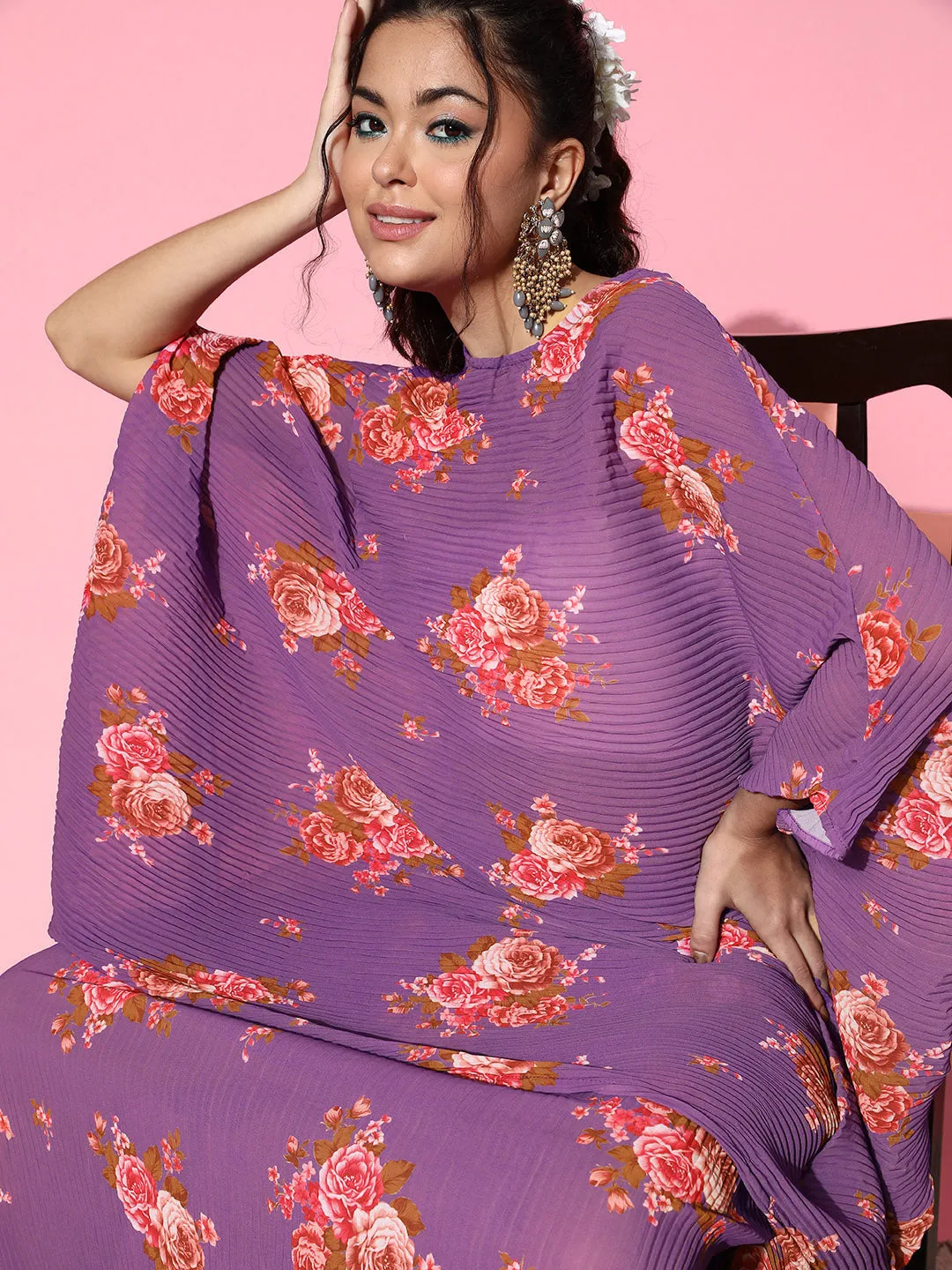 Purple Floral Print Pleated Kaftan Top