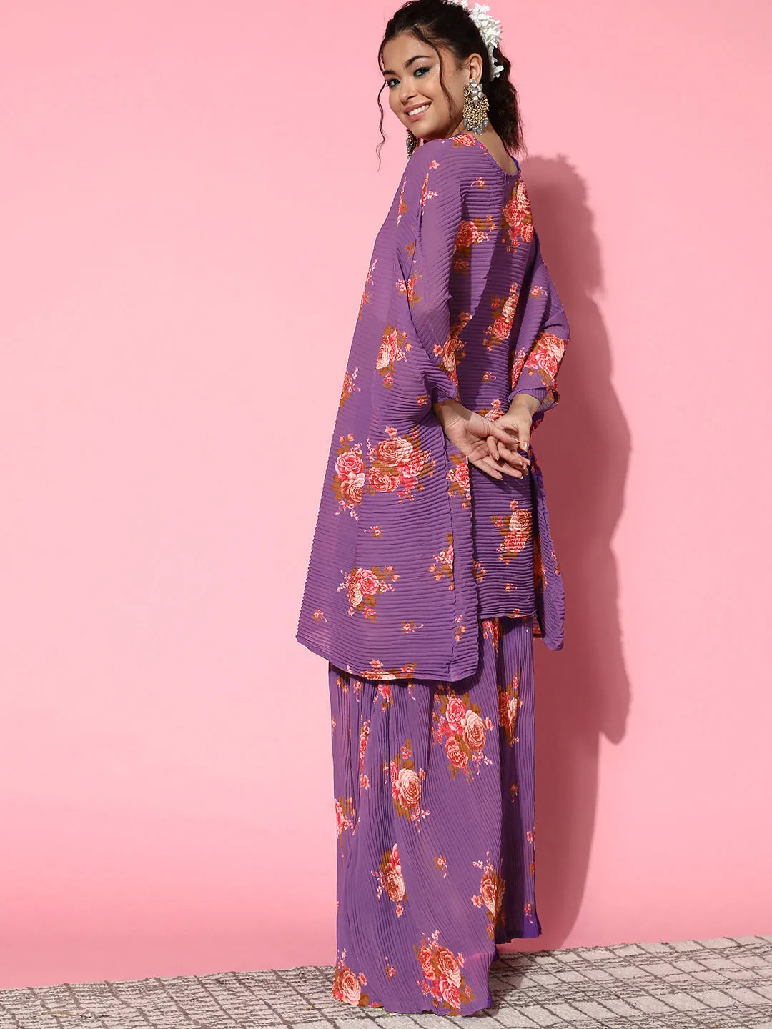 Purple Floral Print Pleated Kaftan Top