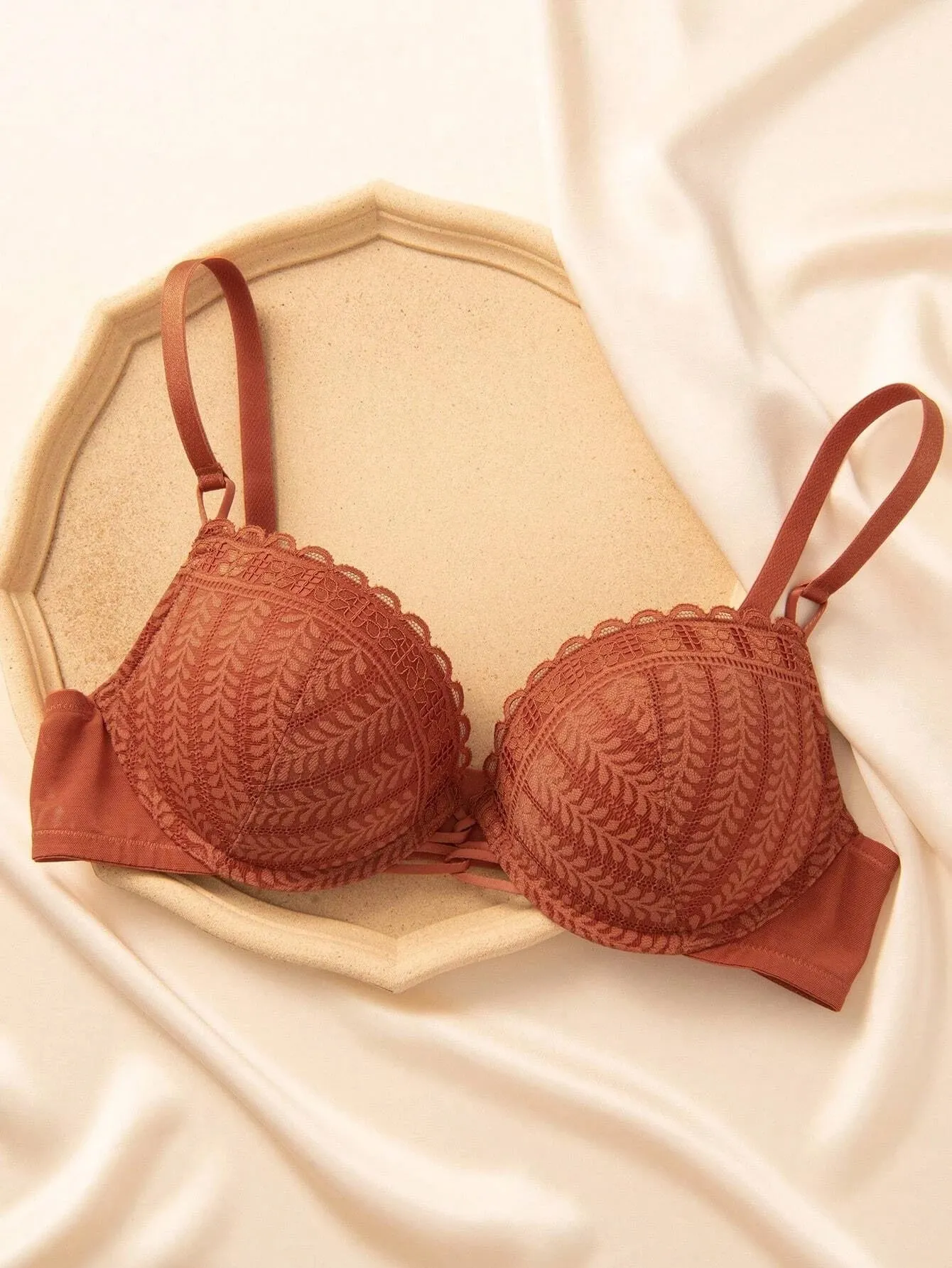Push Up Floral Lace Underwire Bra Caramel