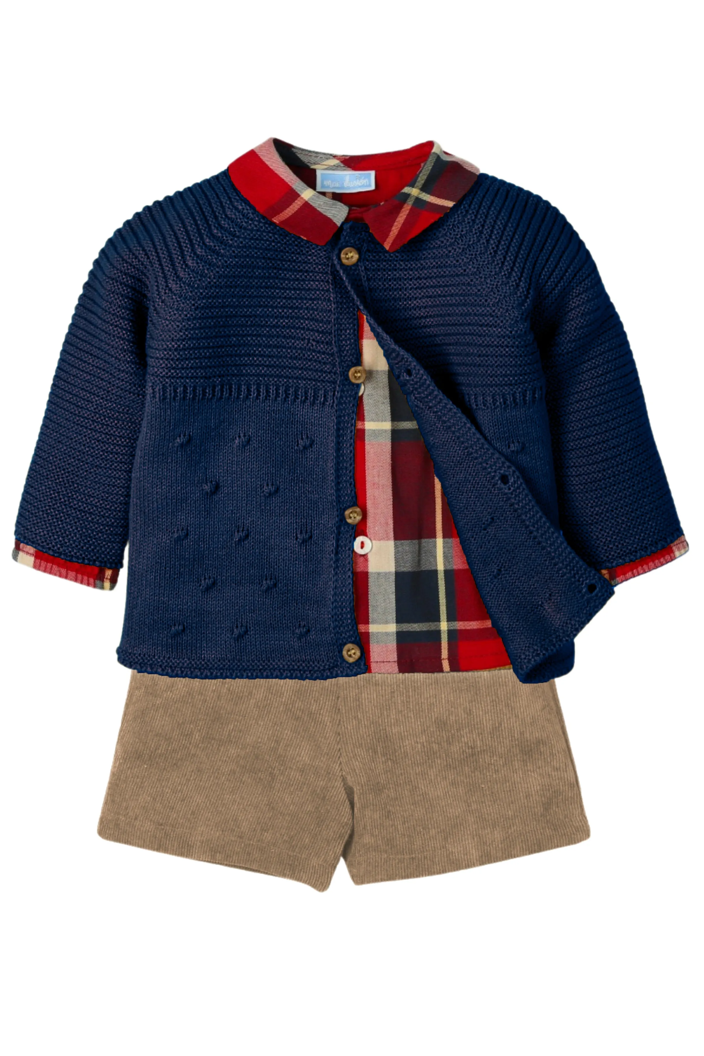 "Louie" Navy Knit Cardigan, Tartan Shirt & Cord Shorts